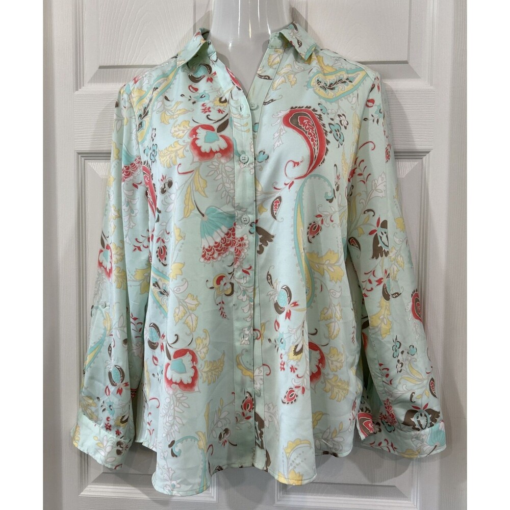 Chicos 2 Asian Inspired Paisley Floral Colorful Blouse Women's L Career Wear